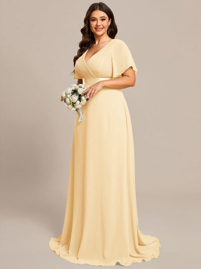Plus Size Long Empire Waist Bridesmaid Dress with Short Flutter Sleeves #color_Yellow