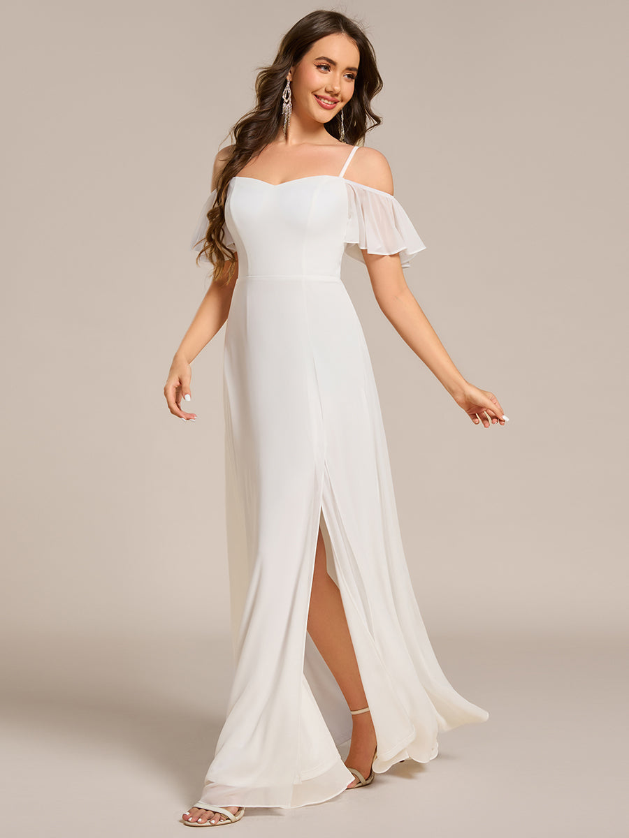 Cold-Shoulder High Split Floor Length Bridesmaid Dress #color_White