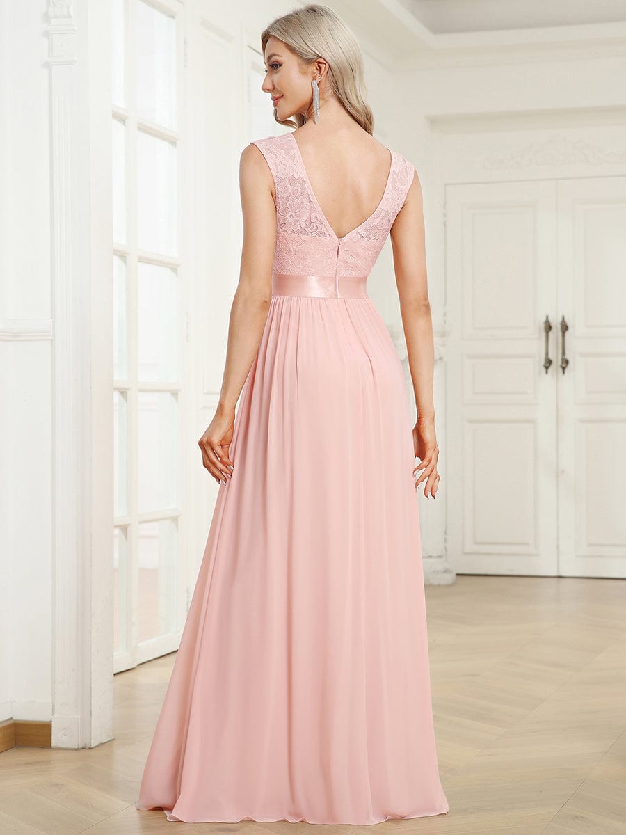 Classic Round Neck V Back Lace Bodice Bridesmaid Dress #color_Pink