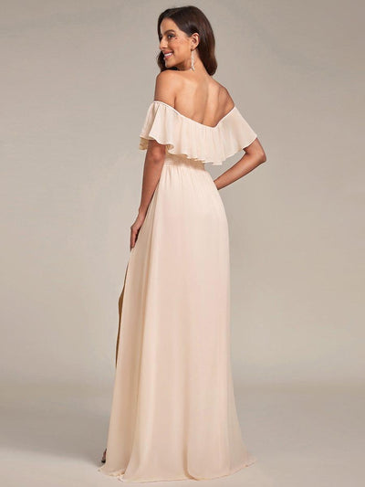 Women's Off-The-Shoulder Ruffle Thigh Split Wedding Guest Dresses #color_Blush