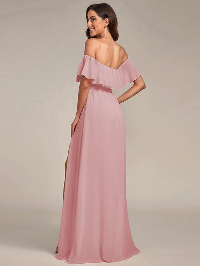 Women's Off-The-Shoulder Ruffle Thigh Split Wedding Guest Dresses #color_Dusty Rose