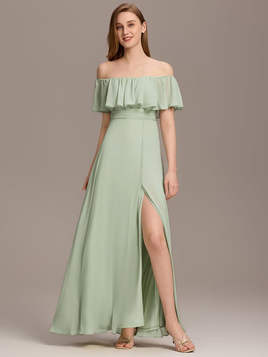 Custom Size Women's Off-The-Shoulder Ruffle Thigh Split Bridesmaid Dresses #color_Mint Green