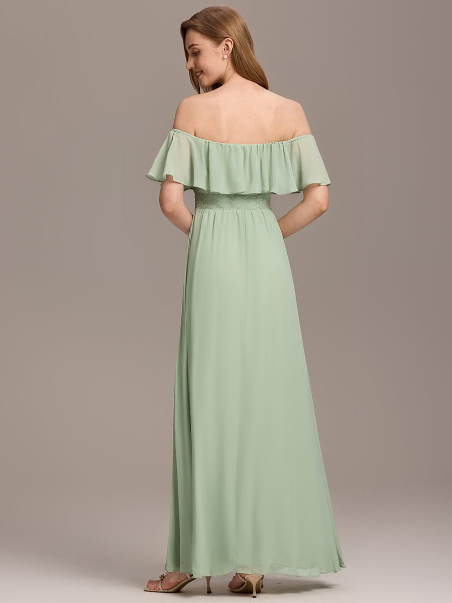 Custom Size Women's Off-The-Shoulder Ruffle Thigh Split Bridesmaid Dresses #color_Mint Green