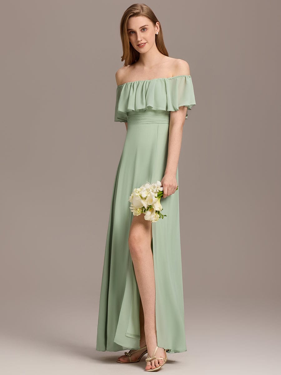 Custom Size Women's Off-The-Shoulder Ruffle Thigh Split Bridesmaid Dresses #color_Mint Green
