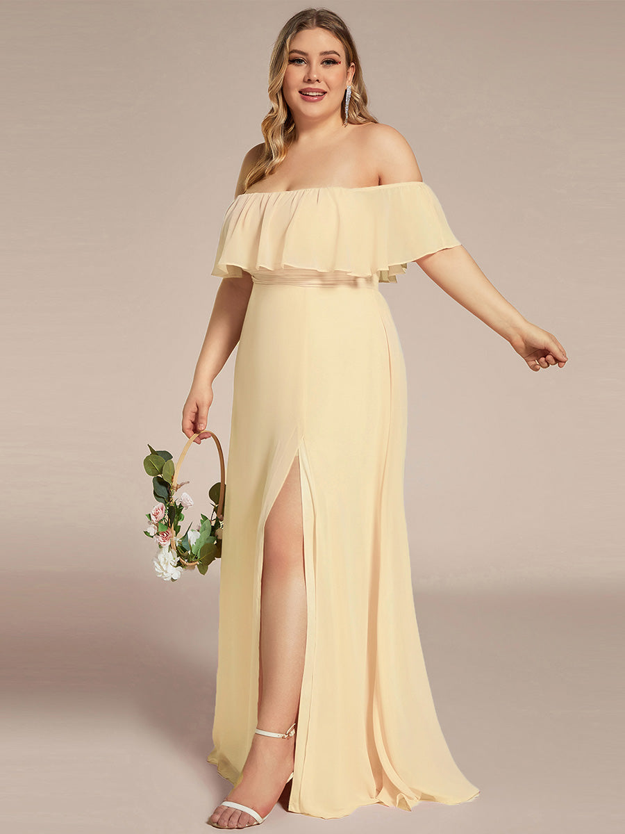 Women's Off-The-Shoulder Ruffle Thigh Split Bridesmaid Dresses #color_Yellow