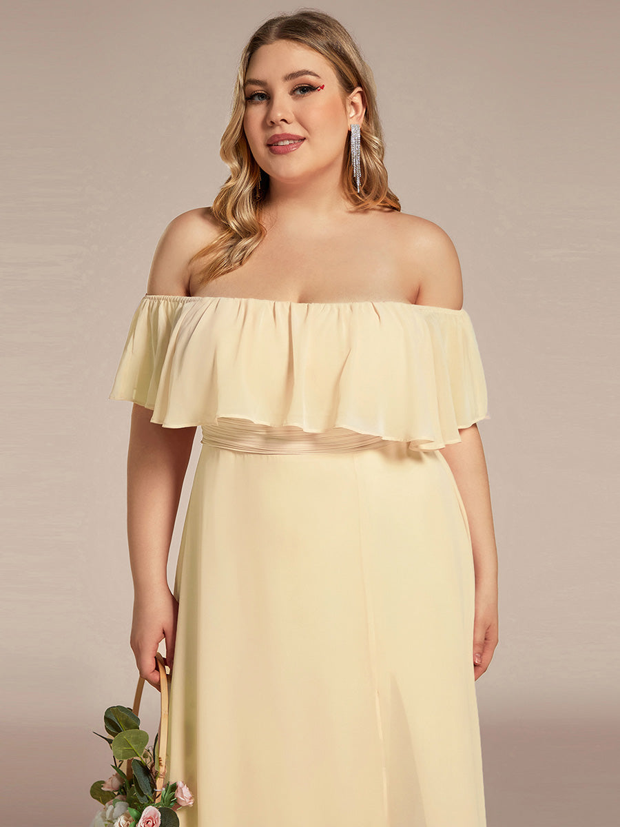 Women's Off-The-Shoulder Ruffle Thigh Split Bridesmaid Dresses #color_Yellow