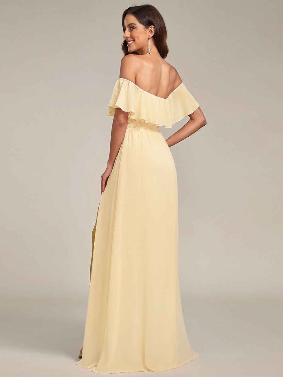 Women's Off-The-Shoulder Ruffle Thigh Split Bridesmaid Dresses #color_Yellow