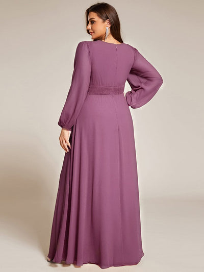 Chiffon Long Sleeve Pleated Floor Length Bridesmaid Dress #color_Damson