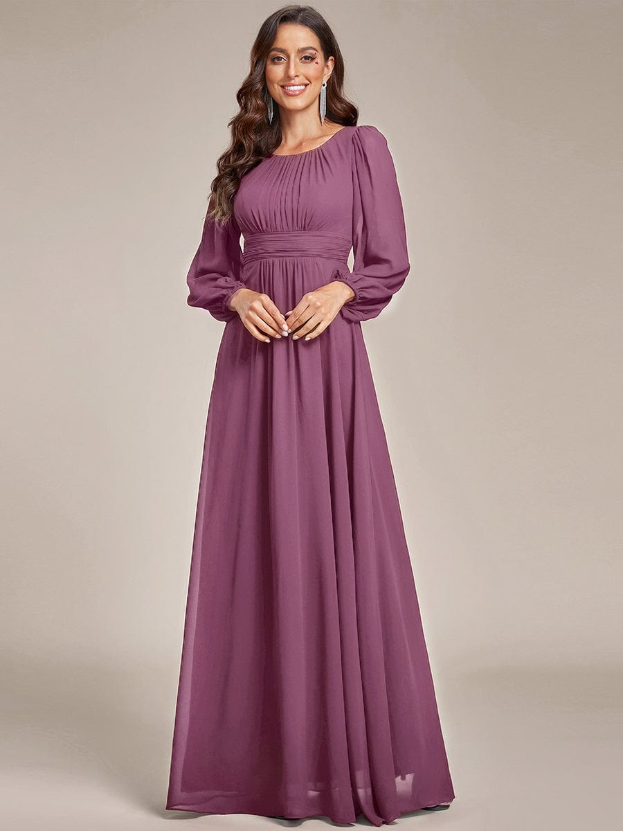 Chiffon Long Sleeve Pleated Floor Length Bridesmaid Dress #color_Damson