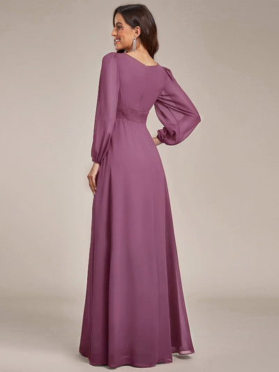 Chiffon Long Sleeve Pleated Floor Length Bridesmaid Dress #color_Damson