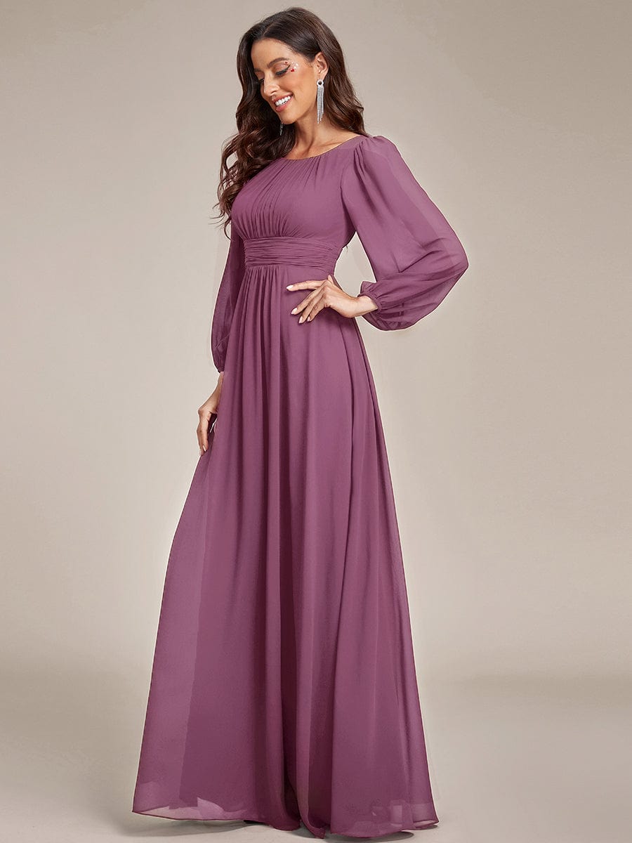 Chiffon Long Sleeve Pleated Floor Length Bridesmaid Dress #color_Damson