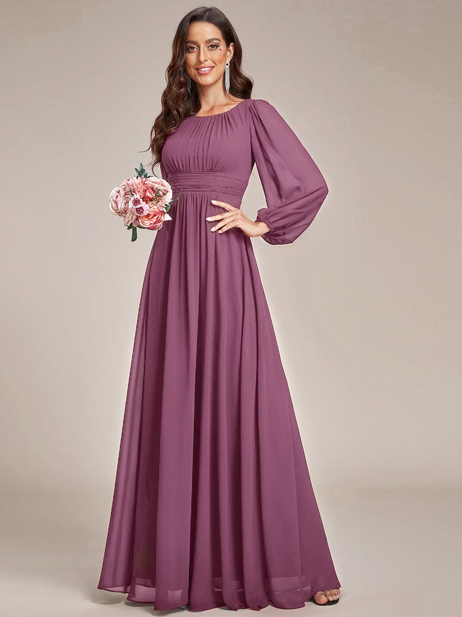 Chiffon Long Sleeve Pleated Floor Length Bridesmaid Dress #color_Damson