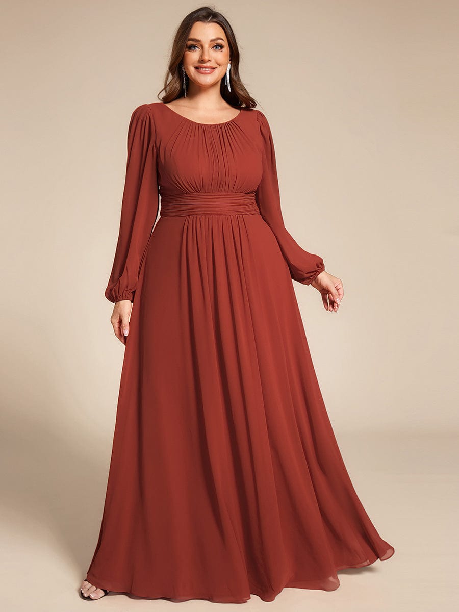 Chiffon Long Sleeve Pleated Floor Length Bridesmaid Dress #color_Vermilion