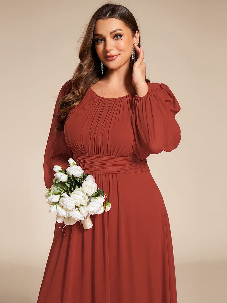 Chiffon Long Sleeve Pleated Floor Length Bridesmaid Dress #color_Vermilion