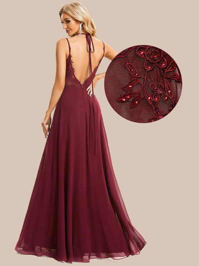 Chiffon and Lace Open Back Bridesmaid Dress with Spaghetti Straps #color_Burgundy
