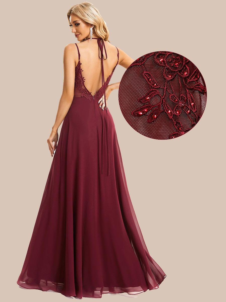 Chiffon and Lace Open Back Bridesmaid Dress with Spaghetti Straps #color_Burgundy
