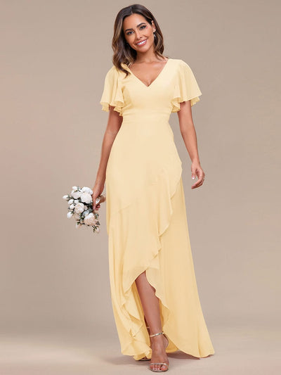 Charming Chiffon Bridesmaid Dress with Lotus Leaf Hemline #color_Yellow