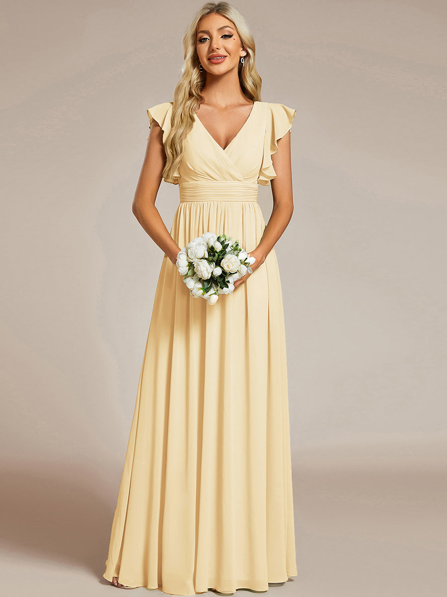 V-Neck Open Back Ruffled Sleeves Chiffon Bridesmaid Dress #color_Yellow