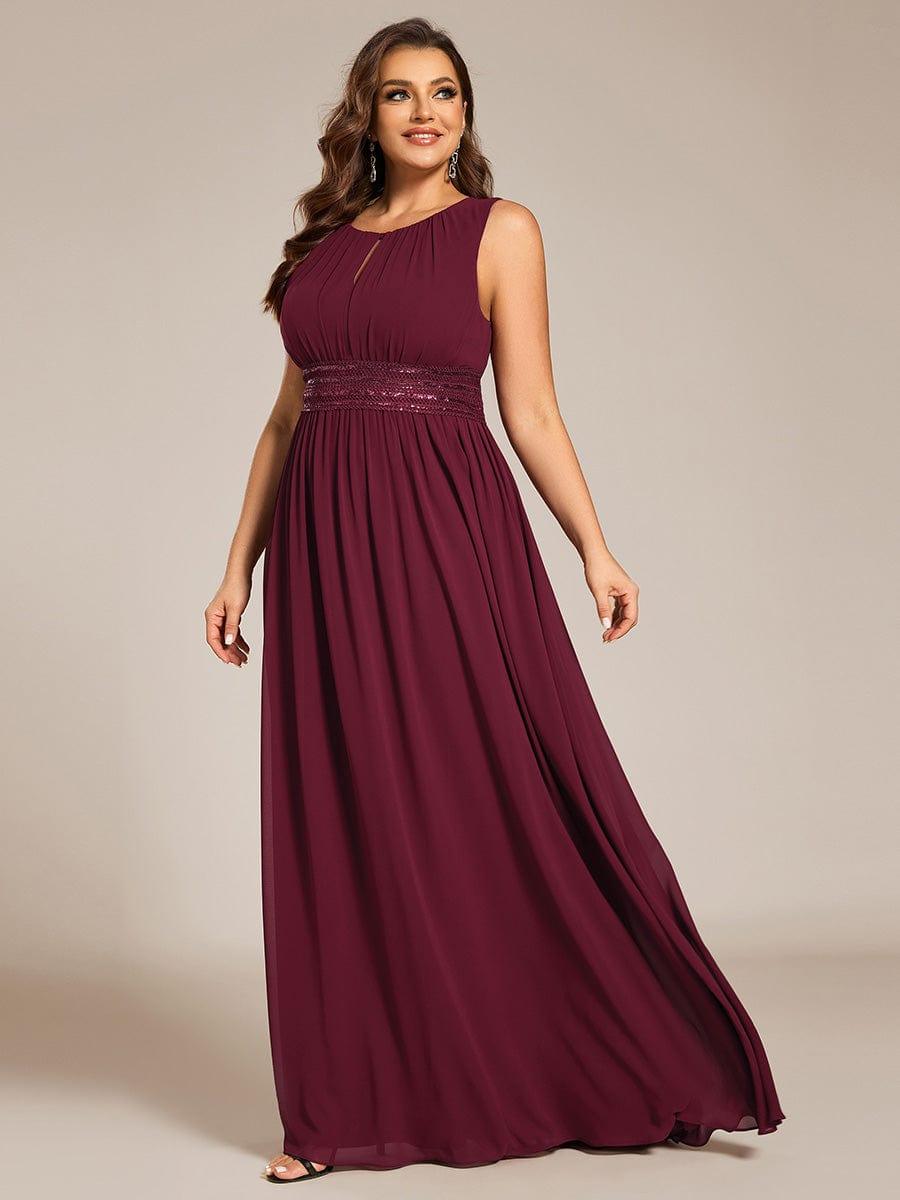 A-Line Chiffon Bridesmaid Dress with Sleeveless Round Neckline and Pleats #color_Burgundy
