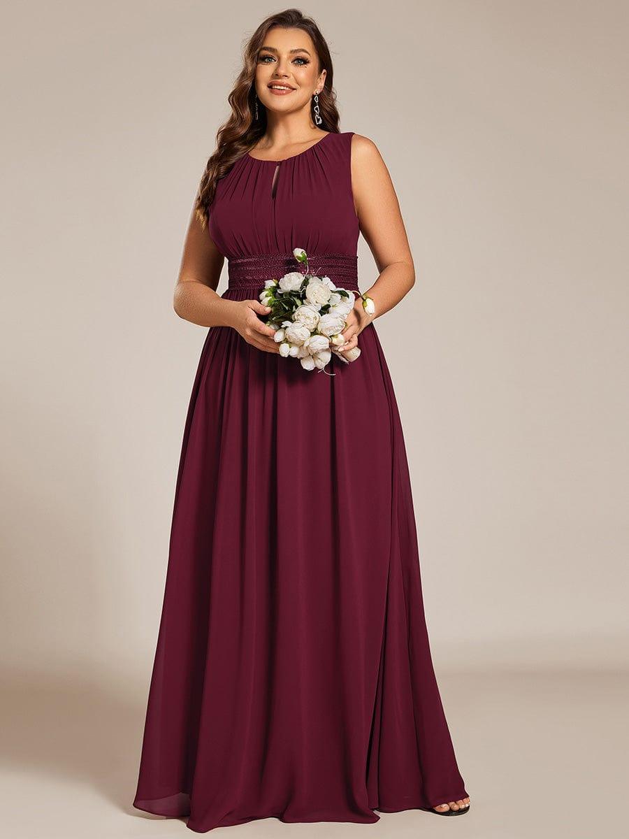 A-Line Chiffon Bridesmaid Dress with Sleeveless Round Neckline and Pleats #color_Burgundy