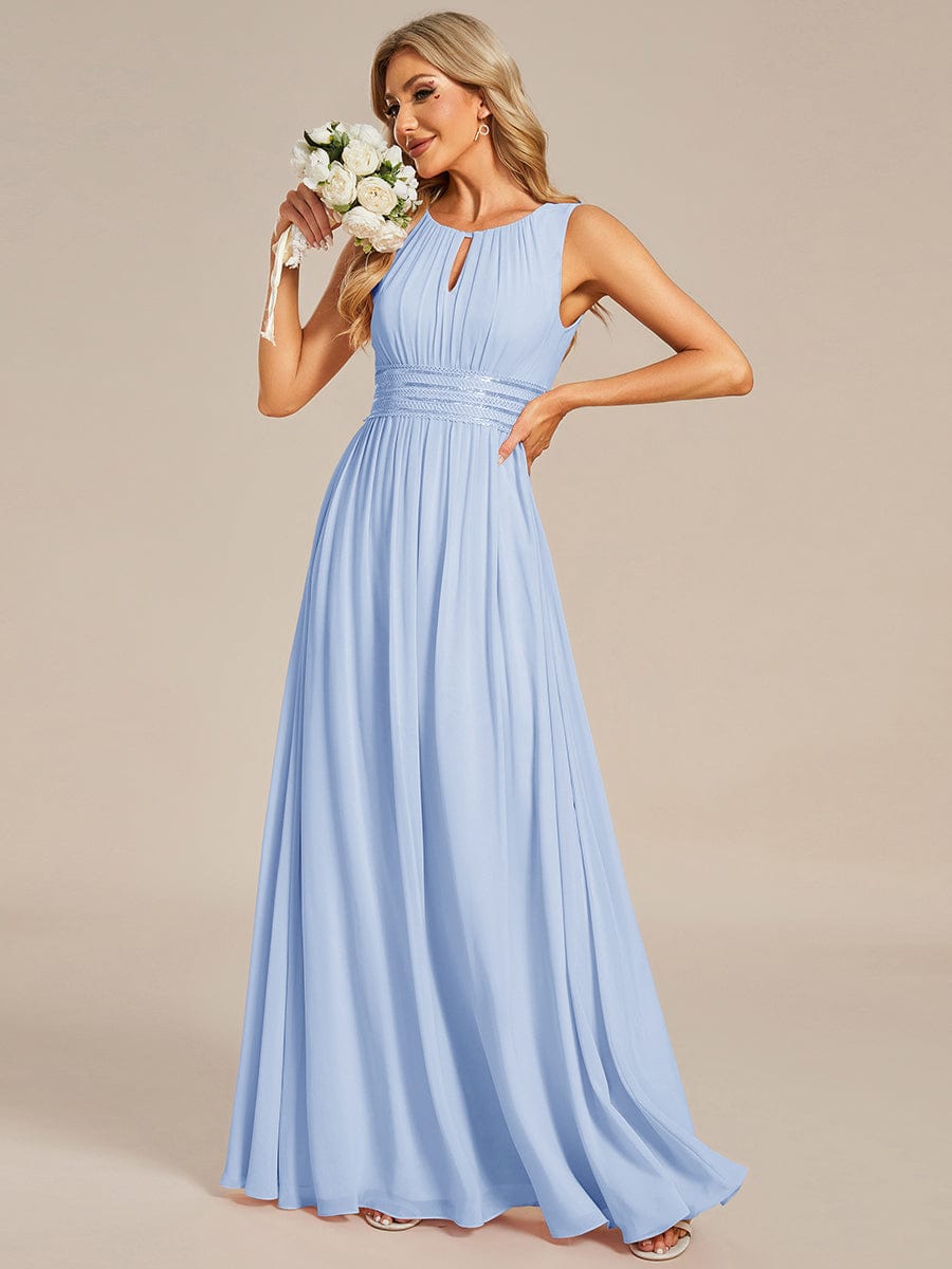 A-Line Chiffon Bridesmaid Dress with Sleeveless Round Neckline and Pleats #color_Ice Blue