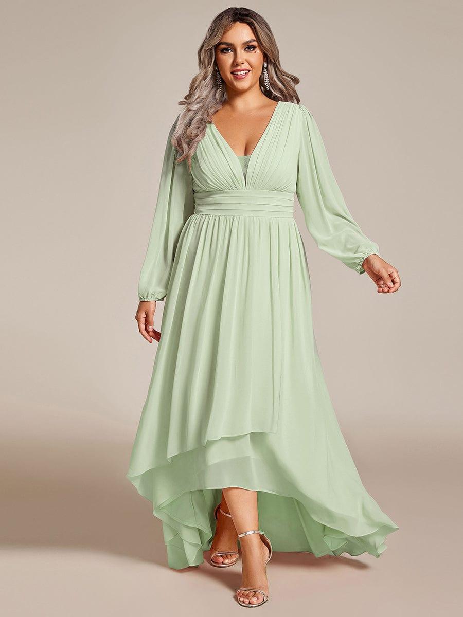 Plus Size Enchanting Chiffon Lantern Sleeve Pleated High Waist Bridesmaid Dress #color_Mint Green