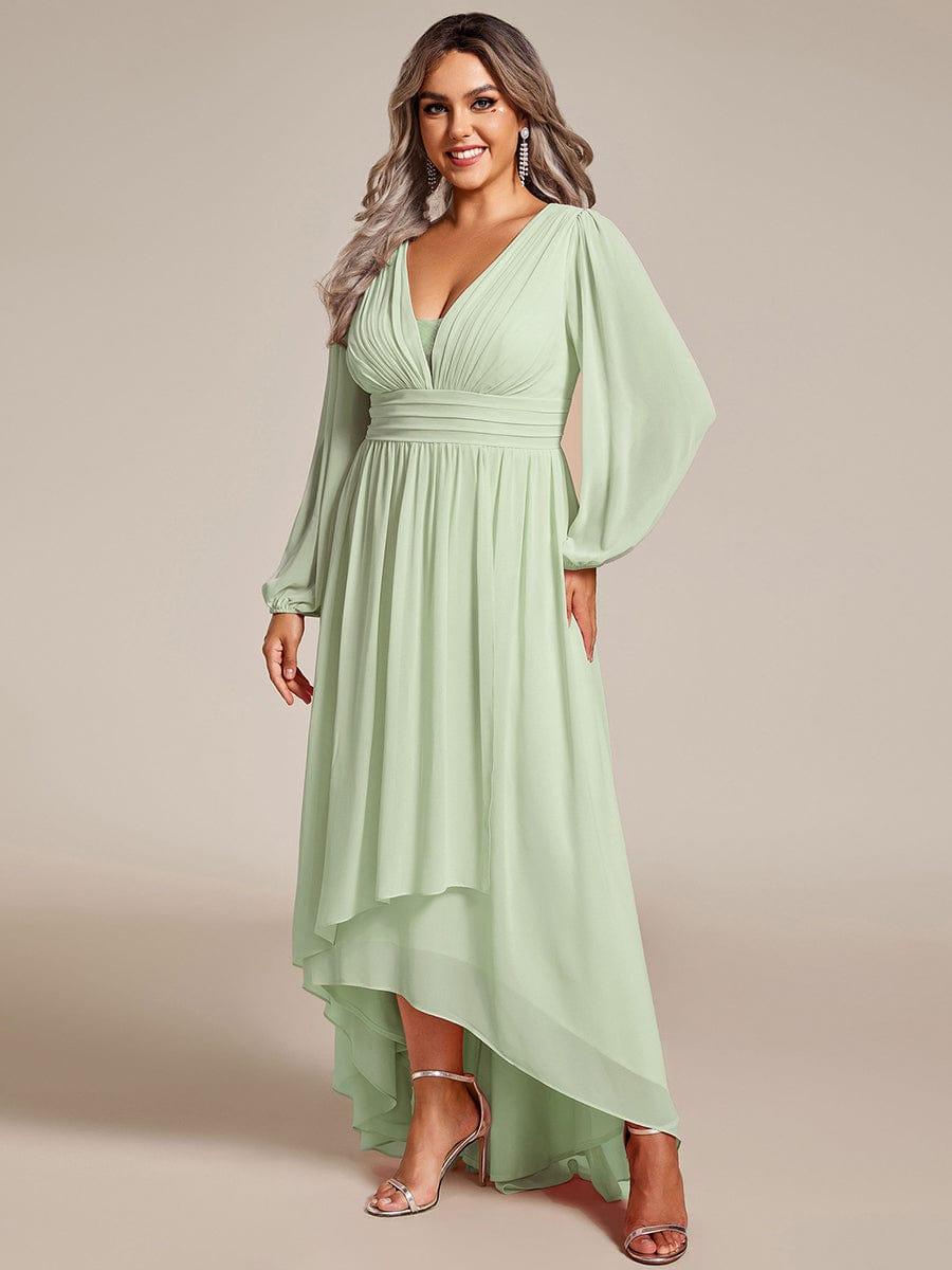 Plus Size Enchanting Chiffon Lantern Sleeve Pleated High Waist Bridesmaid Dress #color_Mint Green