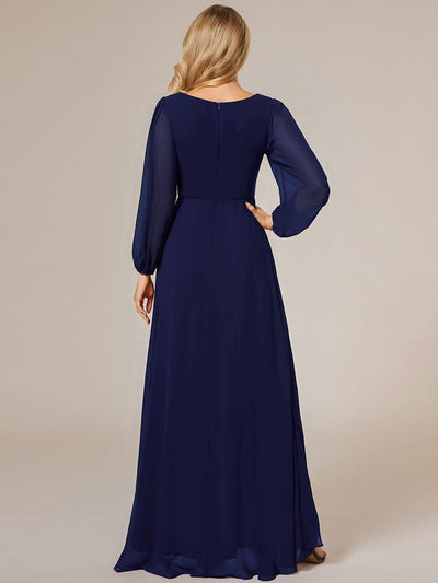 Enchanting Chiffon Lantern Sleeve Pleated High Waist Bridesmaid Dress #color_Navy Blue