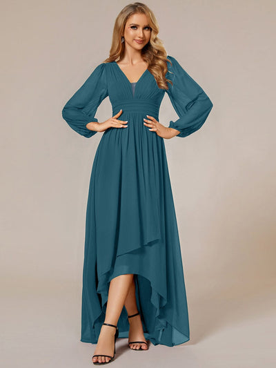 Enchanting Chiffon Lantern Sleeve Pleated High Waist Bridesmaid Dress #color_Teal