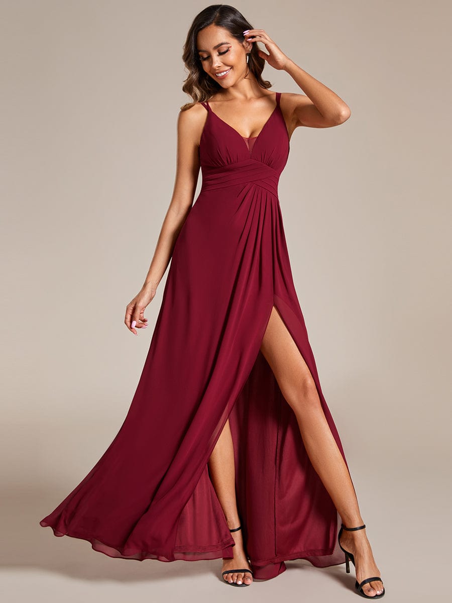 V-Neck Chiffon Bridesmaid Dress with High Slit #color_Burgundy