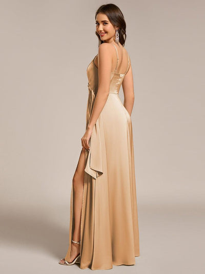 Wrap-Style Maxi Spaghetti Strap Satin Evening Dress #color_Champagne