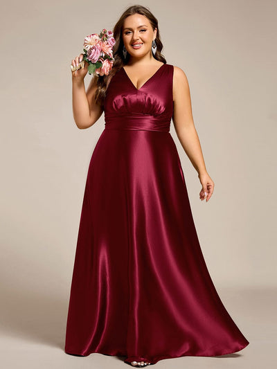 Sleeveless Empire Waist Satin Maxi Bridesmaid Dress With Pockets #color_Burgundy