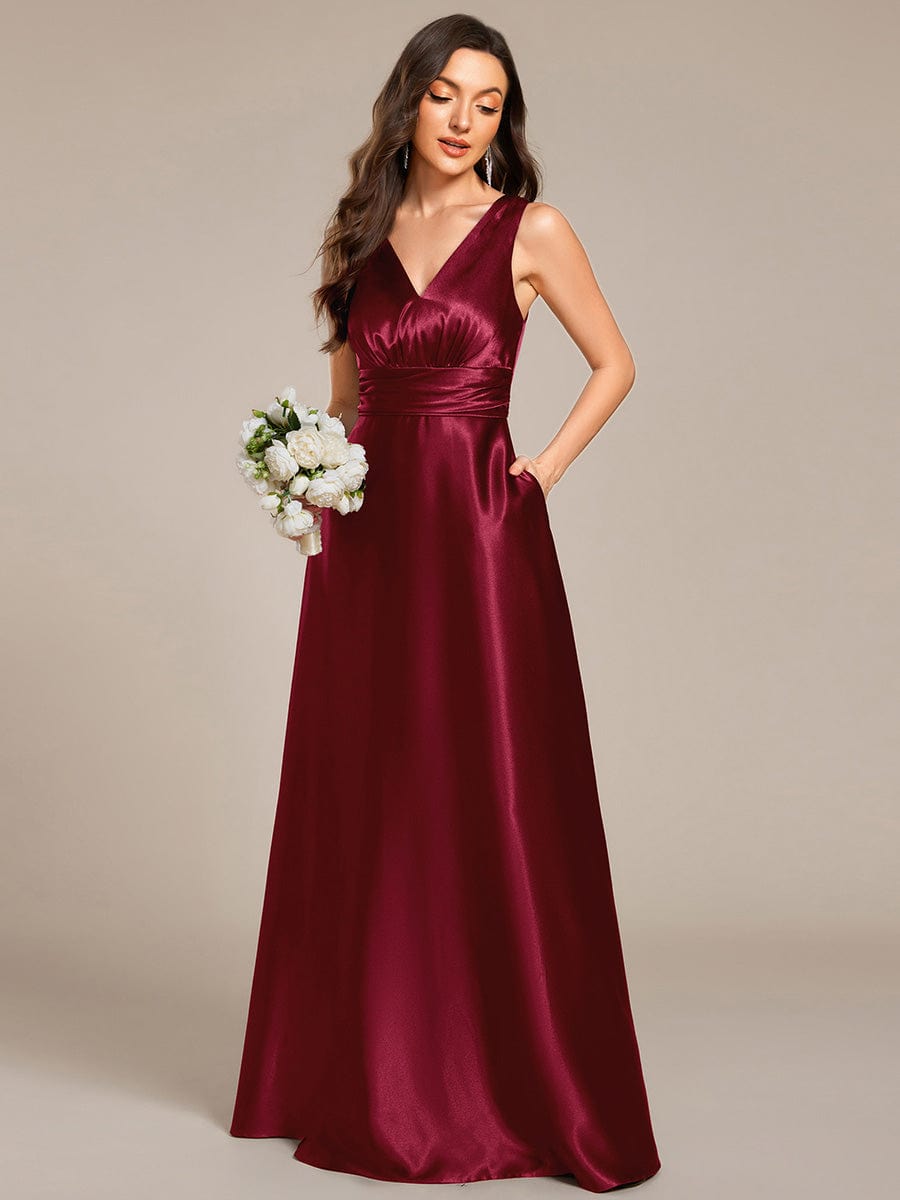 Sleeveless Empire Waist Satin Maxi Bridesmaid Dress With Pockets #color_Burgundy
