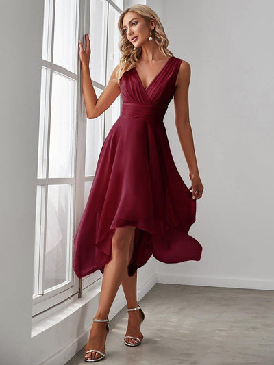 Knee Length Chiffon Bridesmaid Dress with Irregular Hem #color_Burgundy
