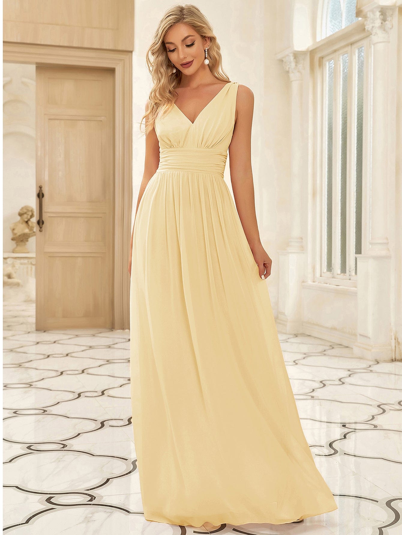 V Neck Sleeveless Pleated Chiffon Maxi Evening Dress #color_Yellow