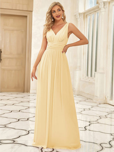 V Neck Sleeveless Pleated Chiffon Maxi Evening Dress #color_Yellow