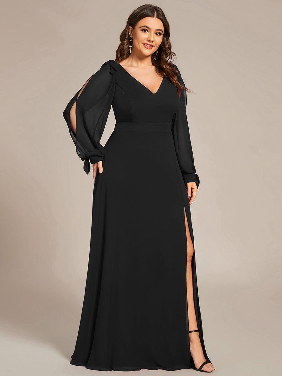 Gentle Split Low Back Thigh Slit Long Sleeve Wedding Guest Dress #color_Black