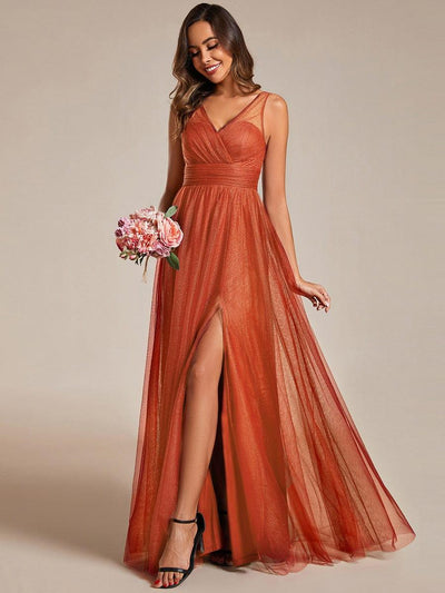 High Waist and Slit Glittering Bridesmaid Dress with V-Neck #color_Burnt Orange