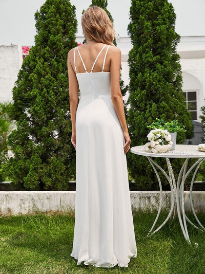 Chic Adjustable Straps Pleated Bridesmaid Dress with V-Neck #color_White