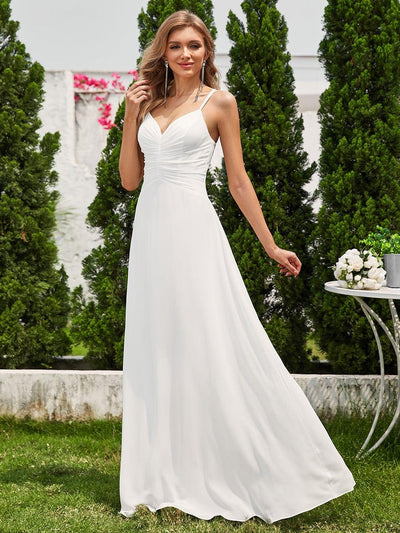 Chic Adjustable Straps Pleated Bridesmaid Dress with V-Neck #color_White