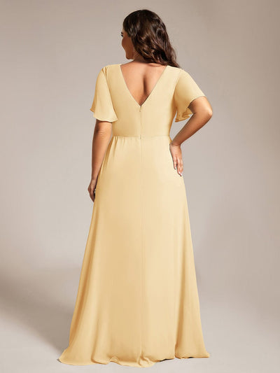 A-Line Ruffle Sleeves and High Slit Chiffon Bridesmaid Dress with V-Neck #color_Yellow