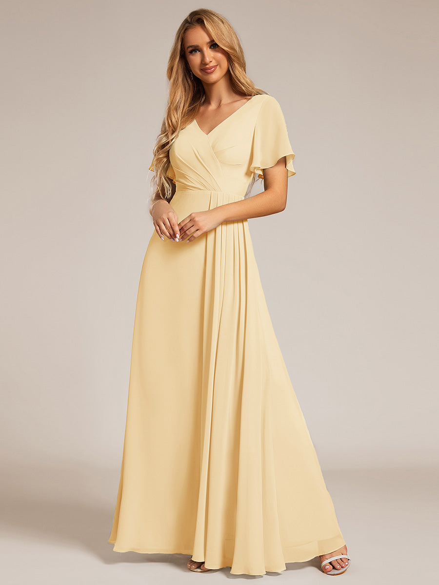 A-Line Ruffle Sleeves and High Slit Chiffon Bridesmaid Dress with V-Neck #color_Yellow