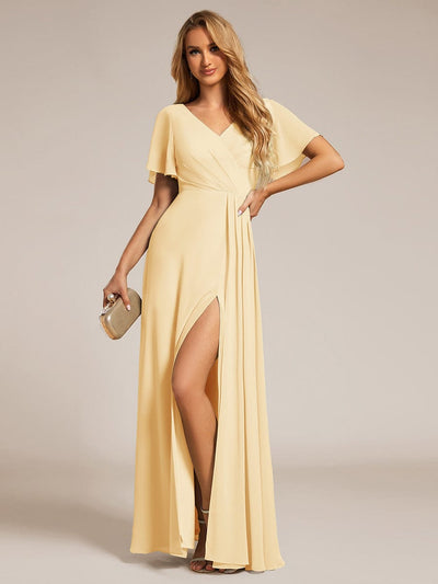 A-Line Ruffle Sleeves and High Slit Chiffon Bridesmaid Dress with V-Neck #color_Yellow
