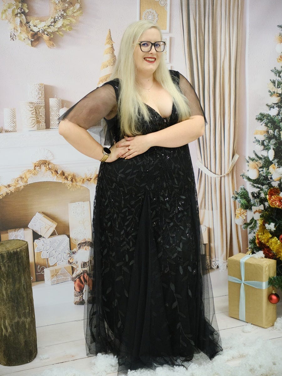 ever ASTRAL|Romantic Shimmery V Neck Ruffle Sleeves Maxi Long Evening Gowns