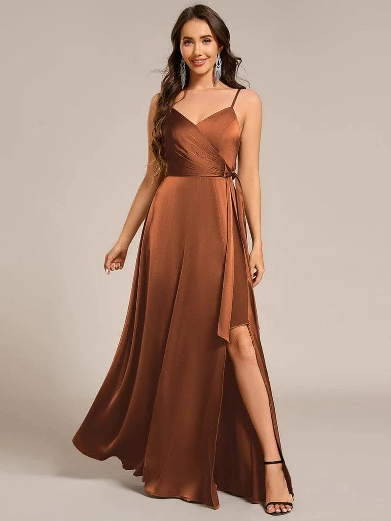 ever IYLA|Wrap-Style Maxi Spaghetti Strap Satin Evening Dress