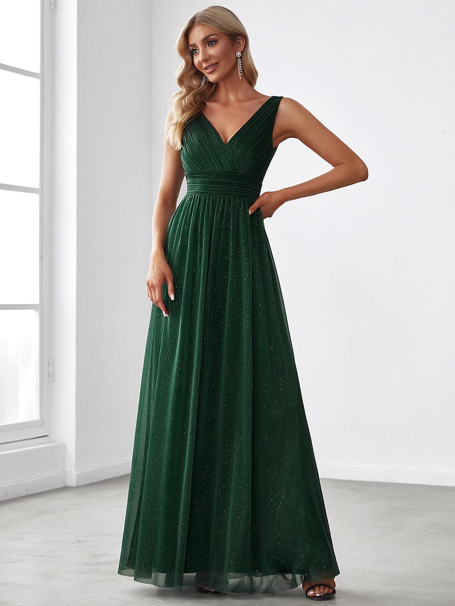 ever STERLING|Double V Neck Floor Length Sparkly Evening Dresses for Party