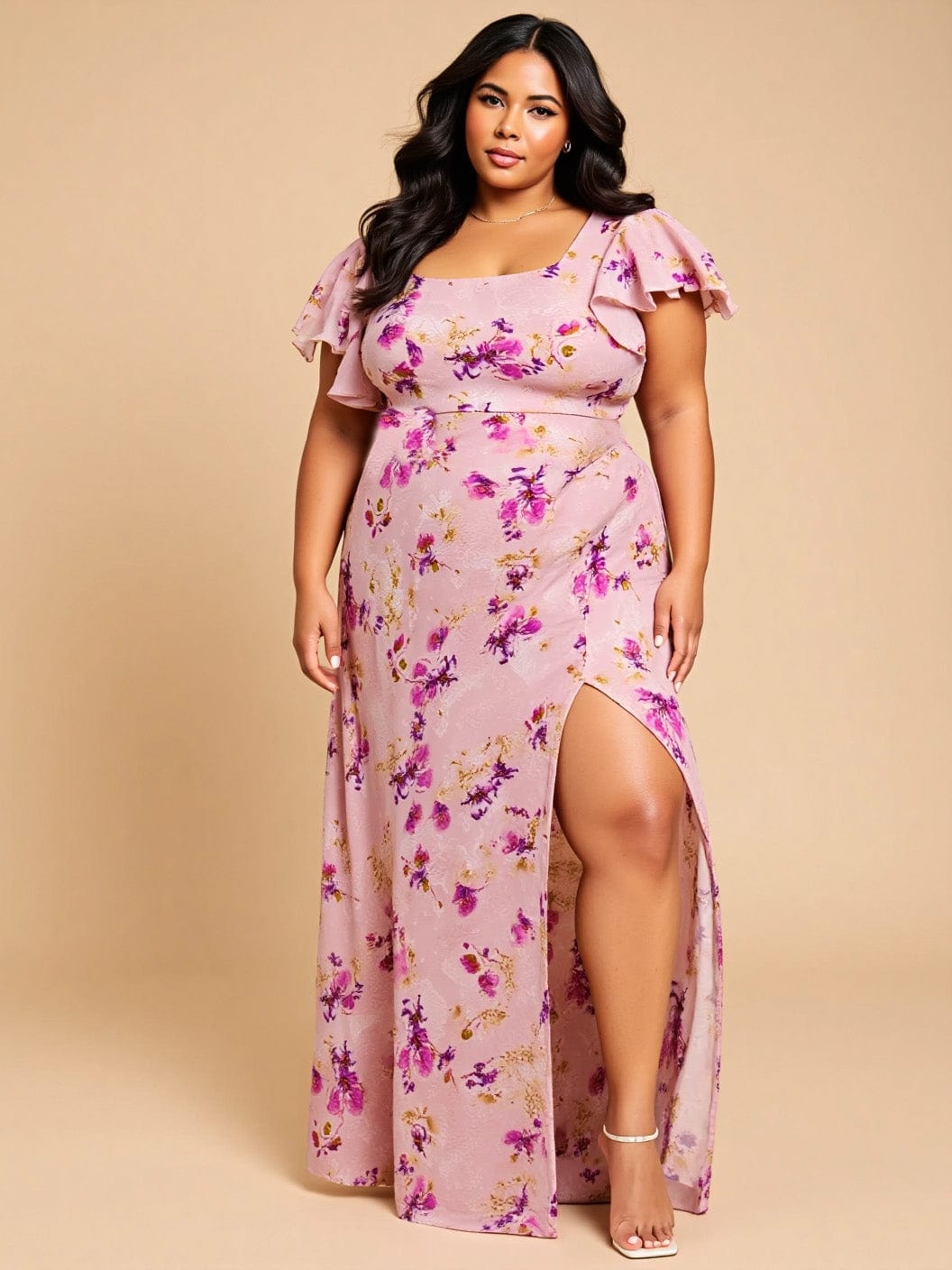 Floral Tie Back Ruffle Sleeves Square Neck Maxi Evening Dress #color_Light Purple Print