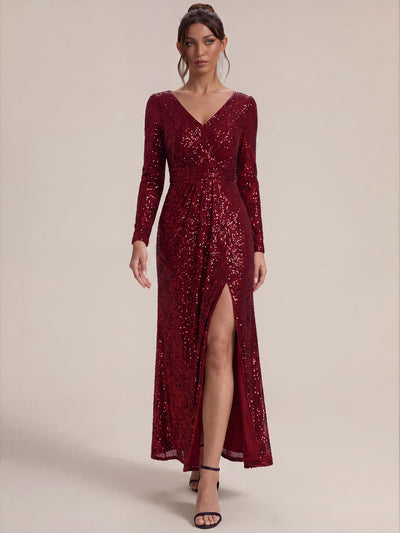 Sequin Long Sleeve V Neck Maxi Dress