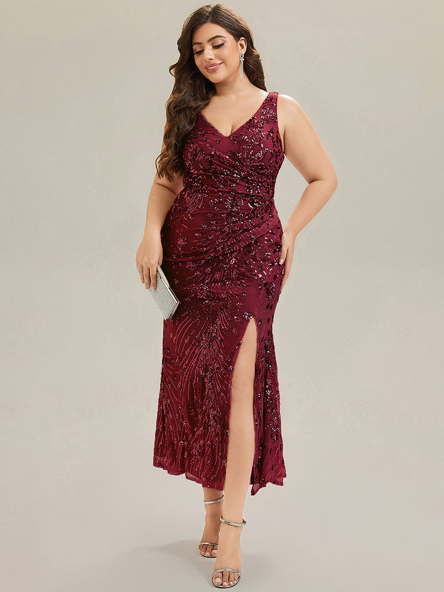 Knotted Sequin Sleeveless Evening Dress #color_Burgundy