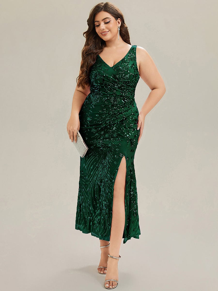 Knotted Sequin Sleeveless Evening Dress #color_Dark Green